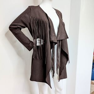 Dark Brown Open Style Knit Blazer Jacket with Faux Suede Long Fringe & Trim